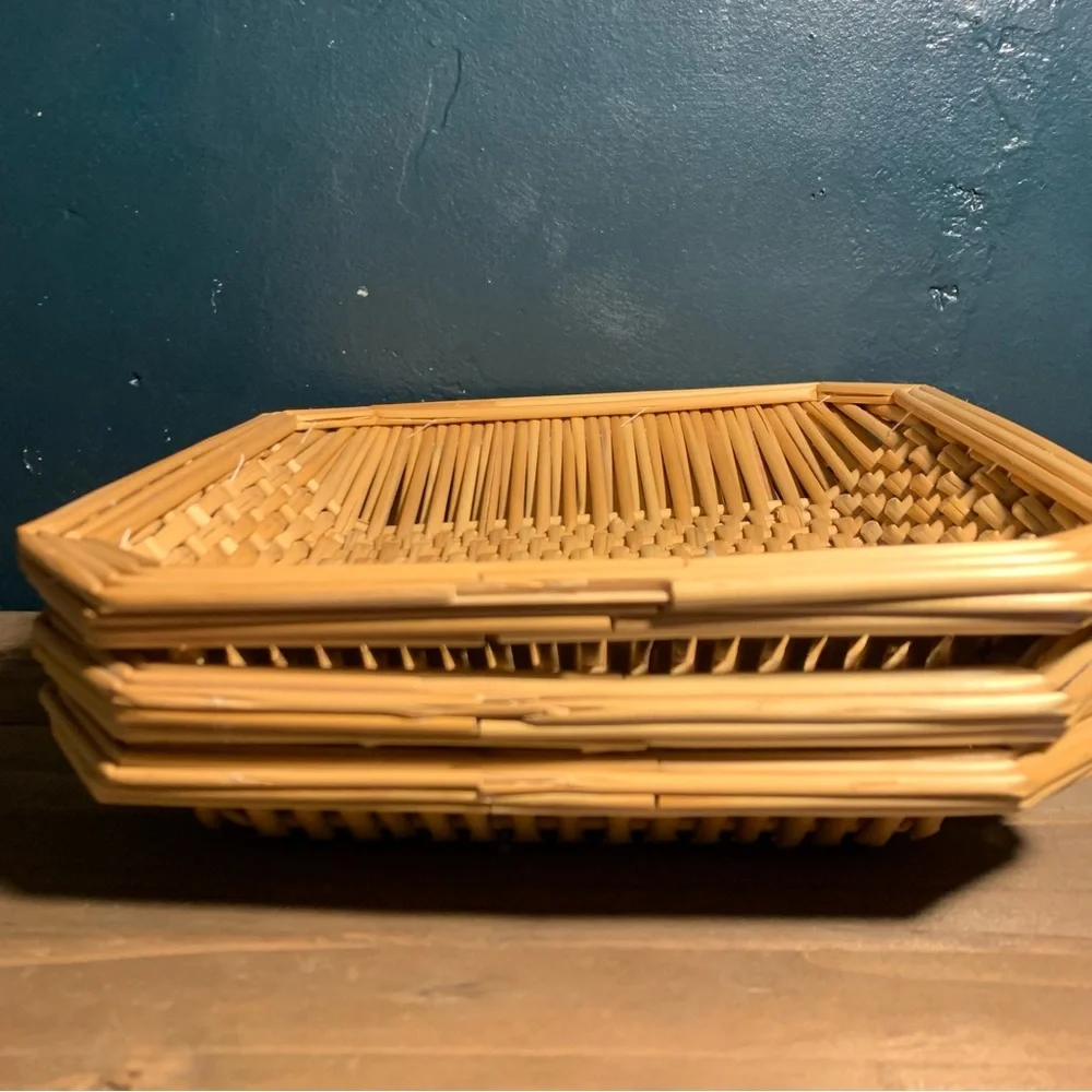 Set 3 Vintage Square Basket Trays Table  Wall Hanging Bread Woven Sewn Wicker